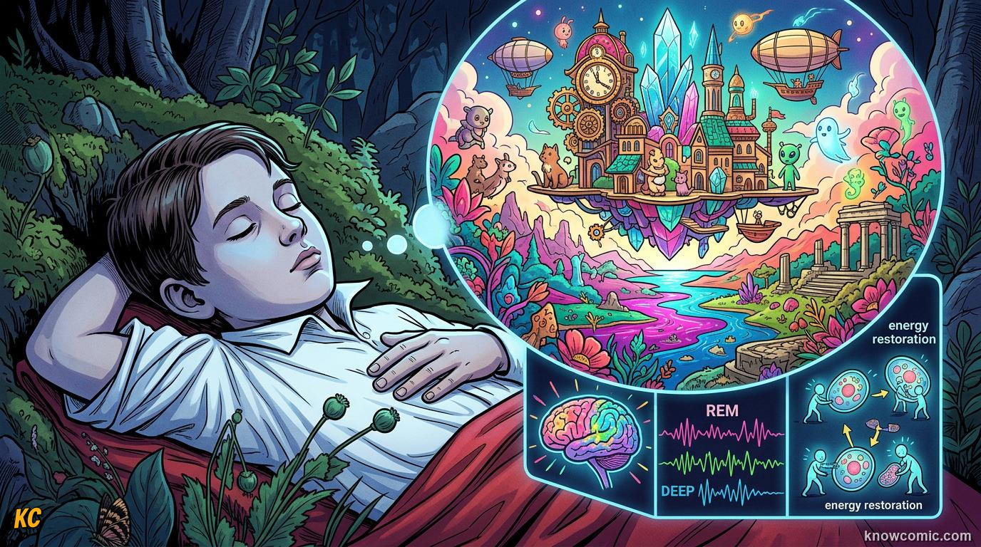 A sleeping child with dream bubbles showing wild imaginary scenes like flying and strange places