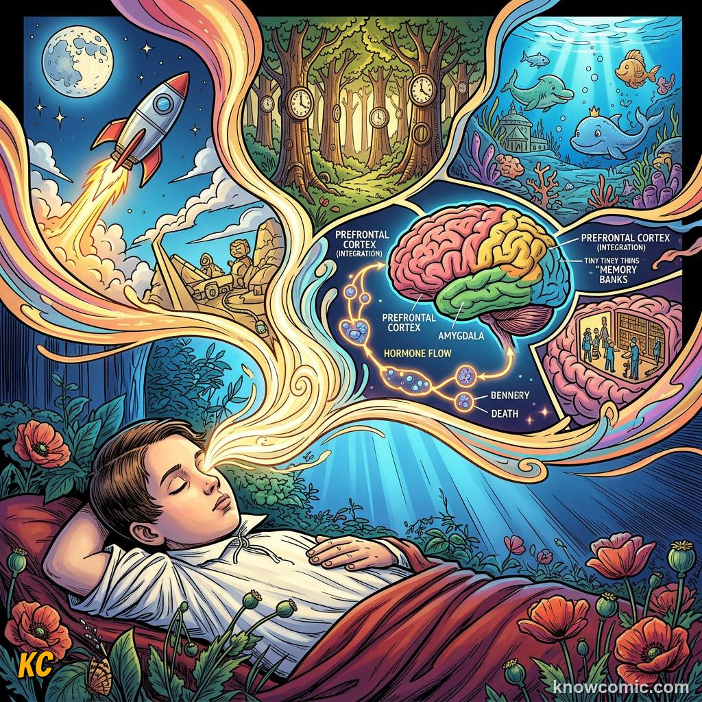 Dream bubble showing a movie-like story with characters and changing scenes