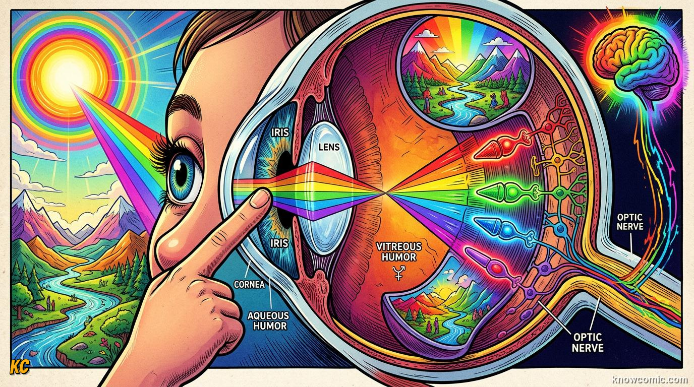 Rainbow world seen through human eyes with light entering the eye and becoming colour
