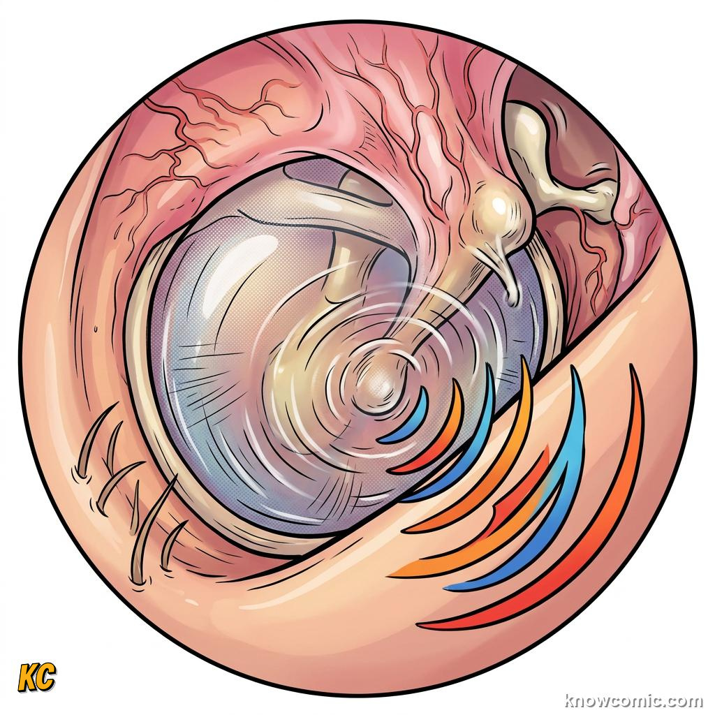 Eardrum vibrating as sound waves strike the thin membrane