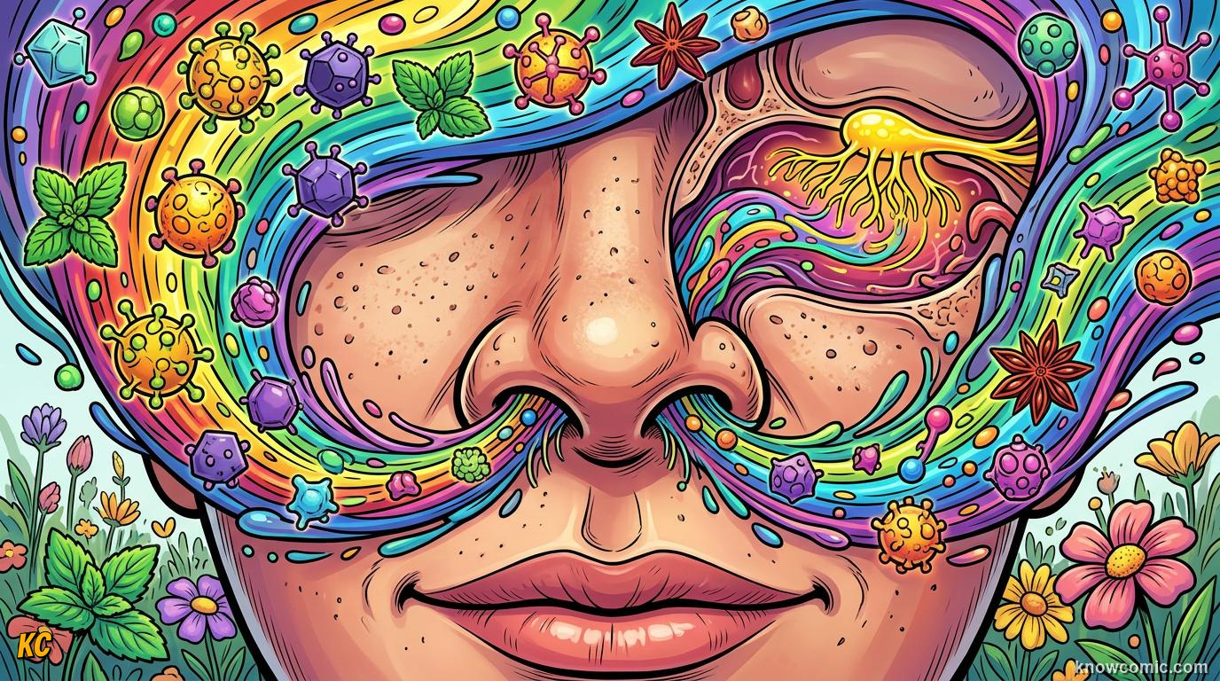 Odour molecules from flowers and food drifting through air into the nose