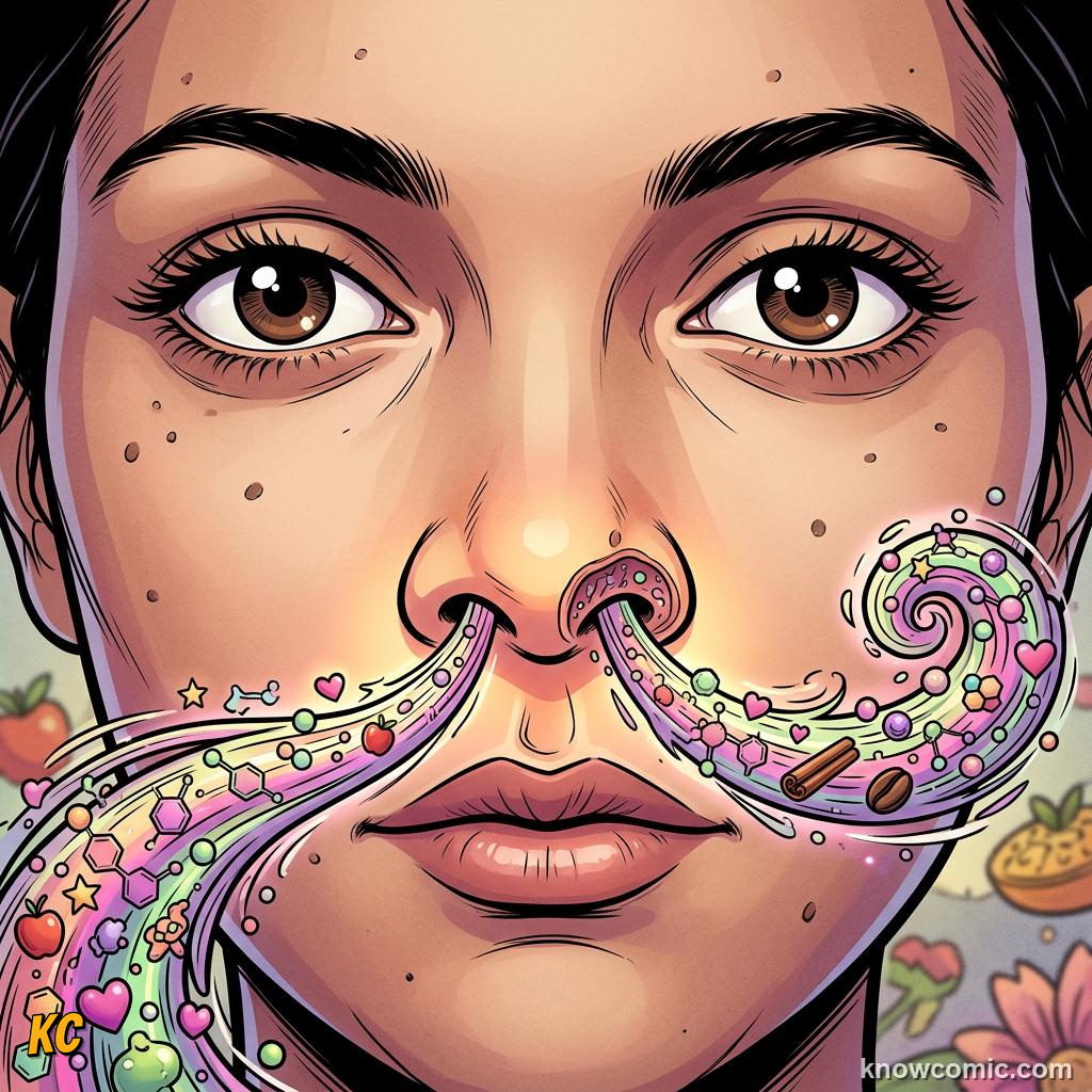 Air flowing into nasal cavity toward olfactory receptor patch at top