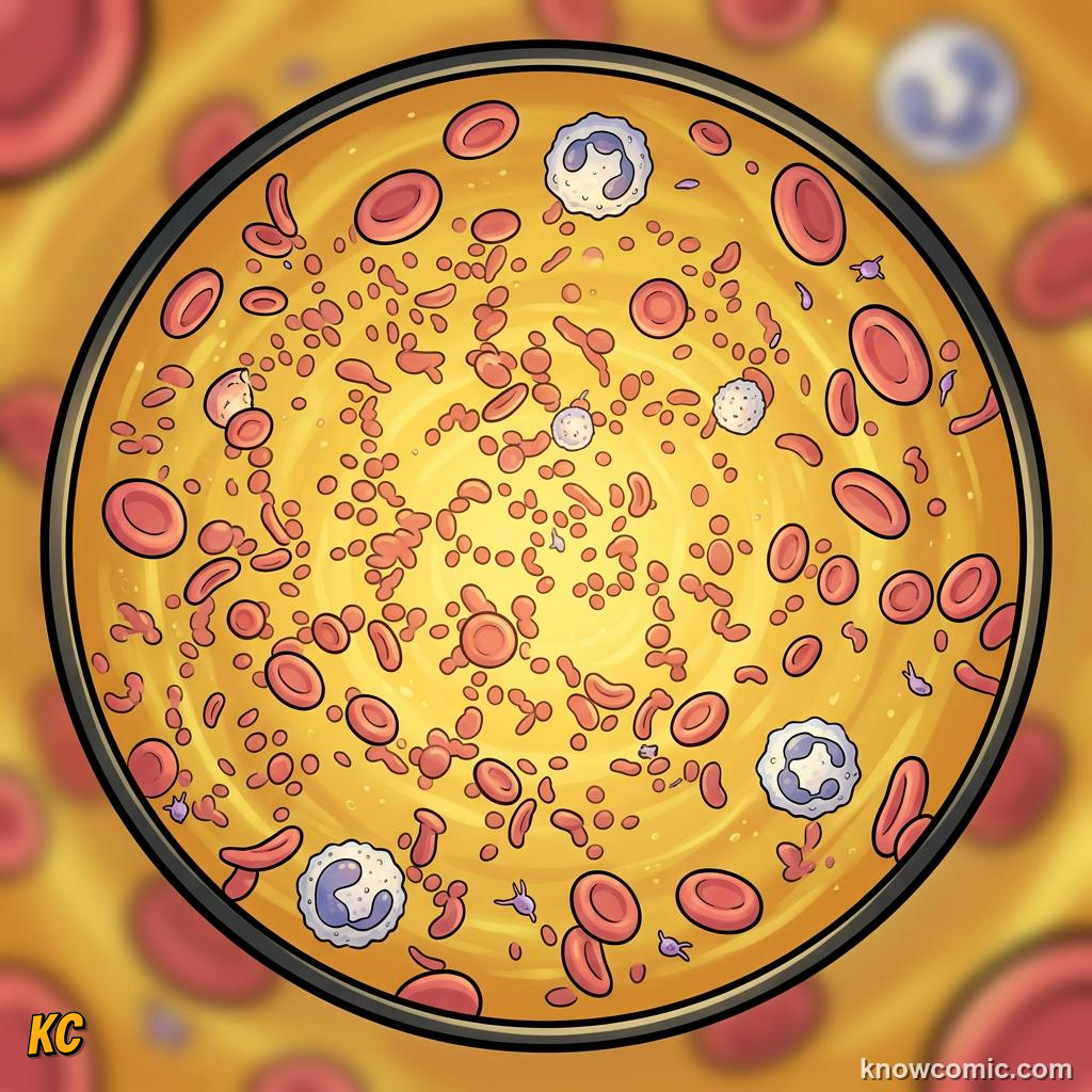 Microscope view of many different blood cells floating in plasma