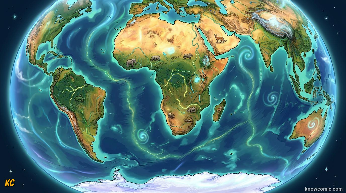 Comic illustration of Earth as a living being surrounded by forests and rivers