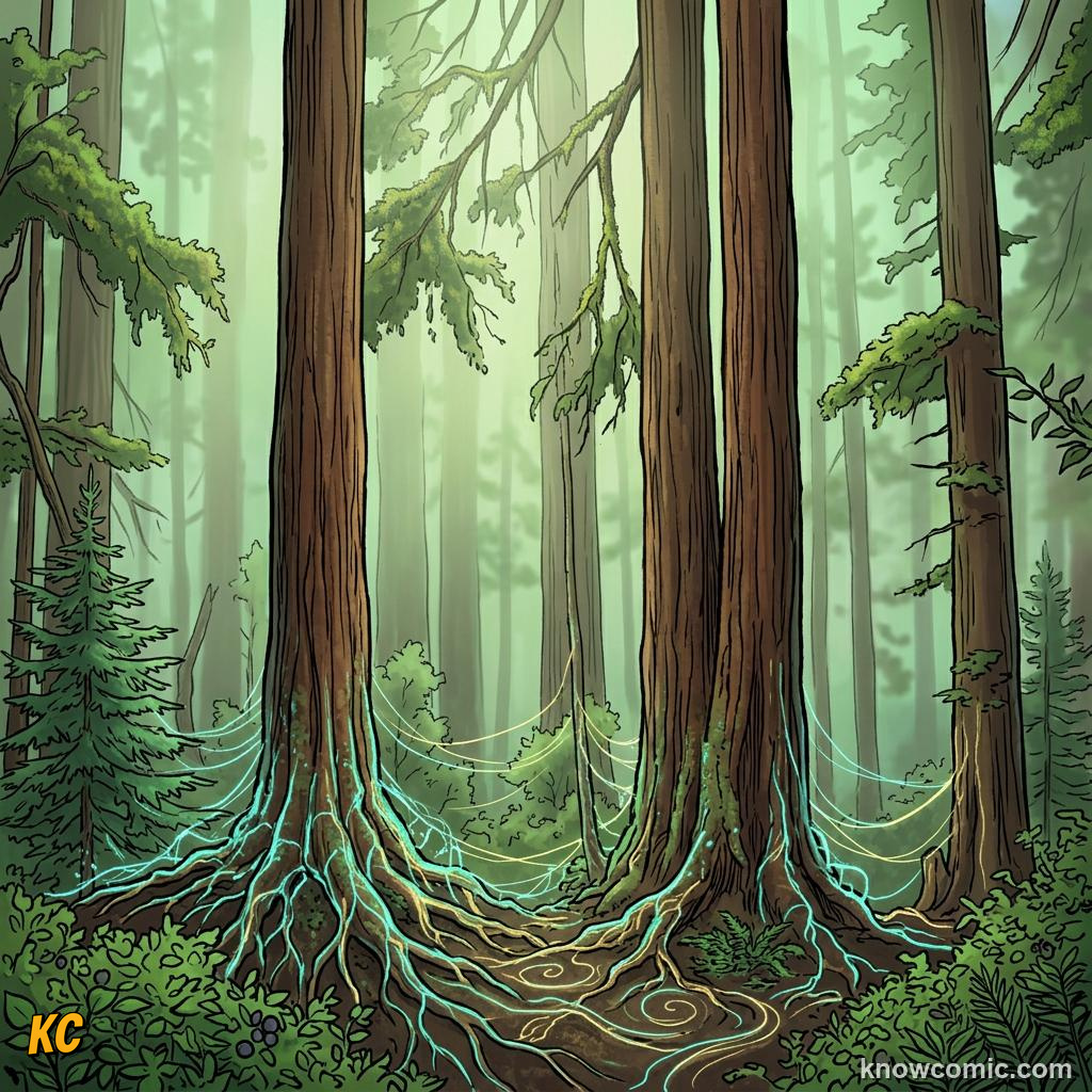 Comic illustration of ancient trees in a forest