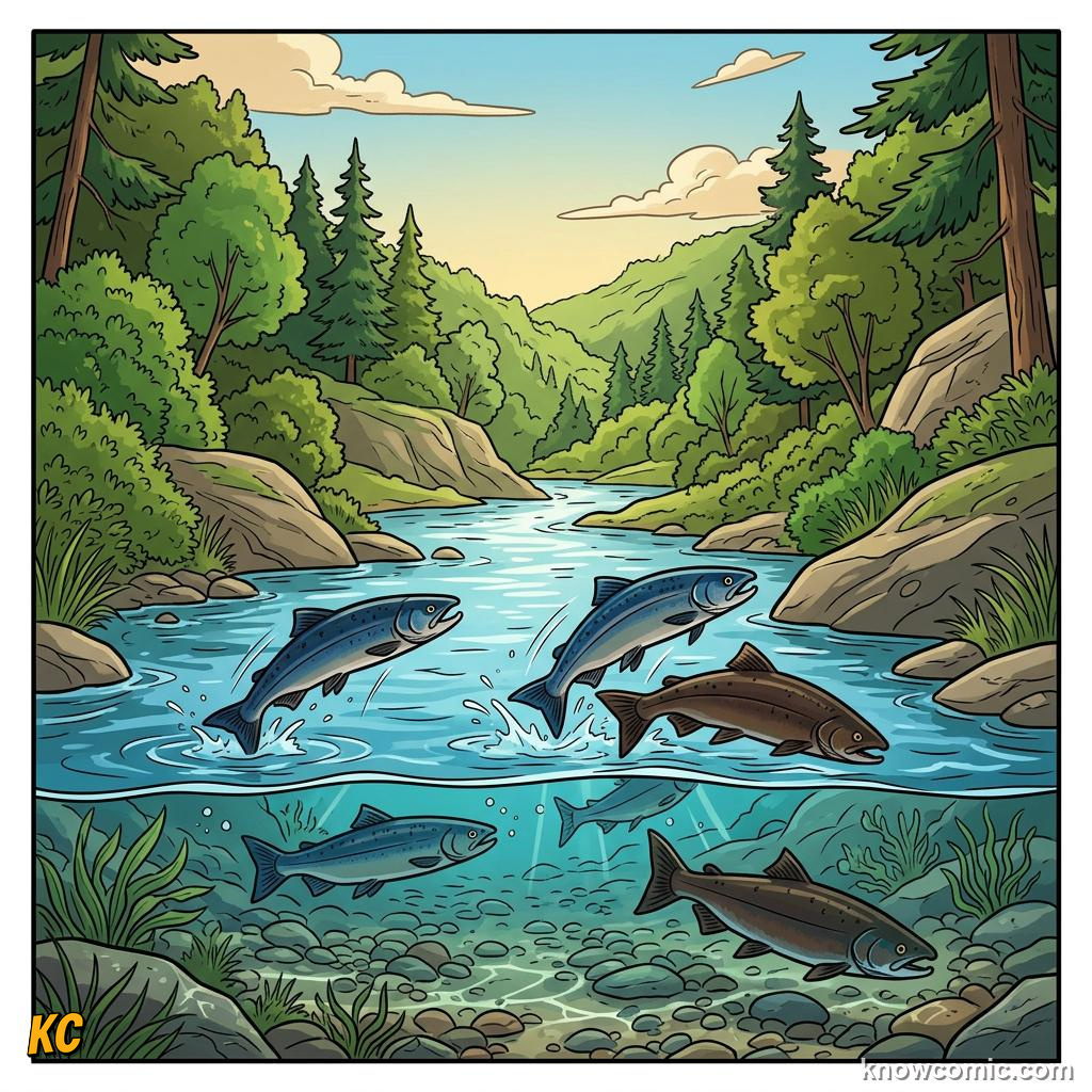 Comic illustration of a clear river flowing through green land