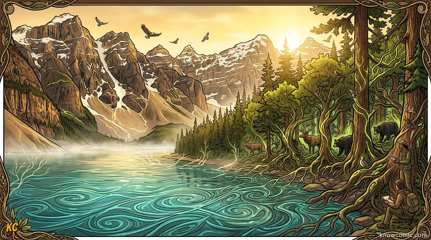 Comic panorama of mountains, forest, and river connected as one living landscape