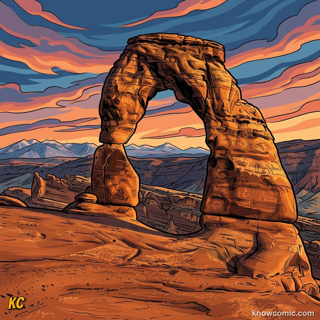 Comic illustration of dramatic rock formations at sunset