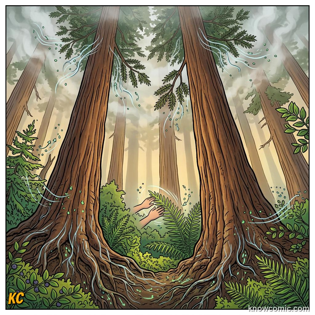 Comic illustration of towering redwood forest with mist