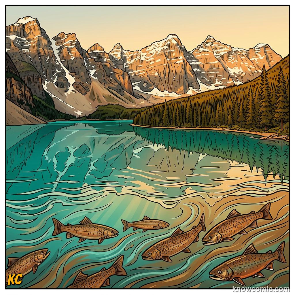 Comic illustration of a turquoise mountain lake