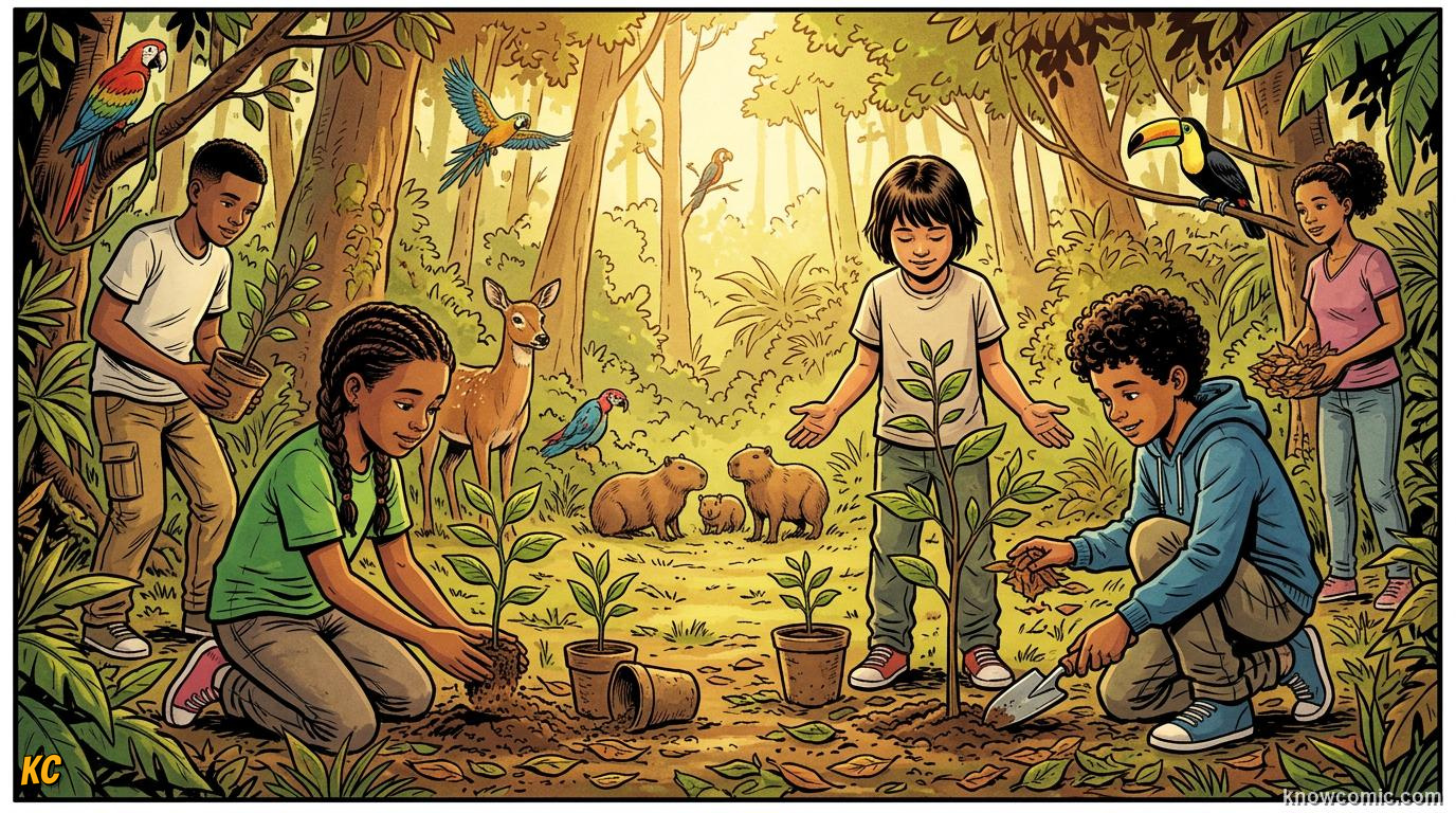 Comic illustration of people caring for land and wildlife in balance