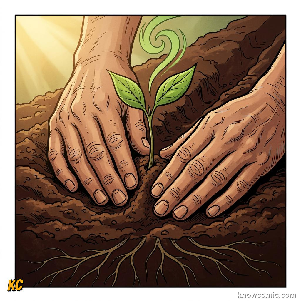 Comic illustration of hands planting a seedling in rich soil