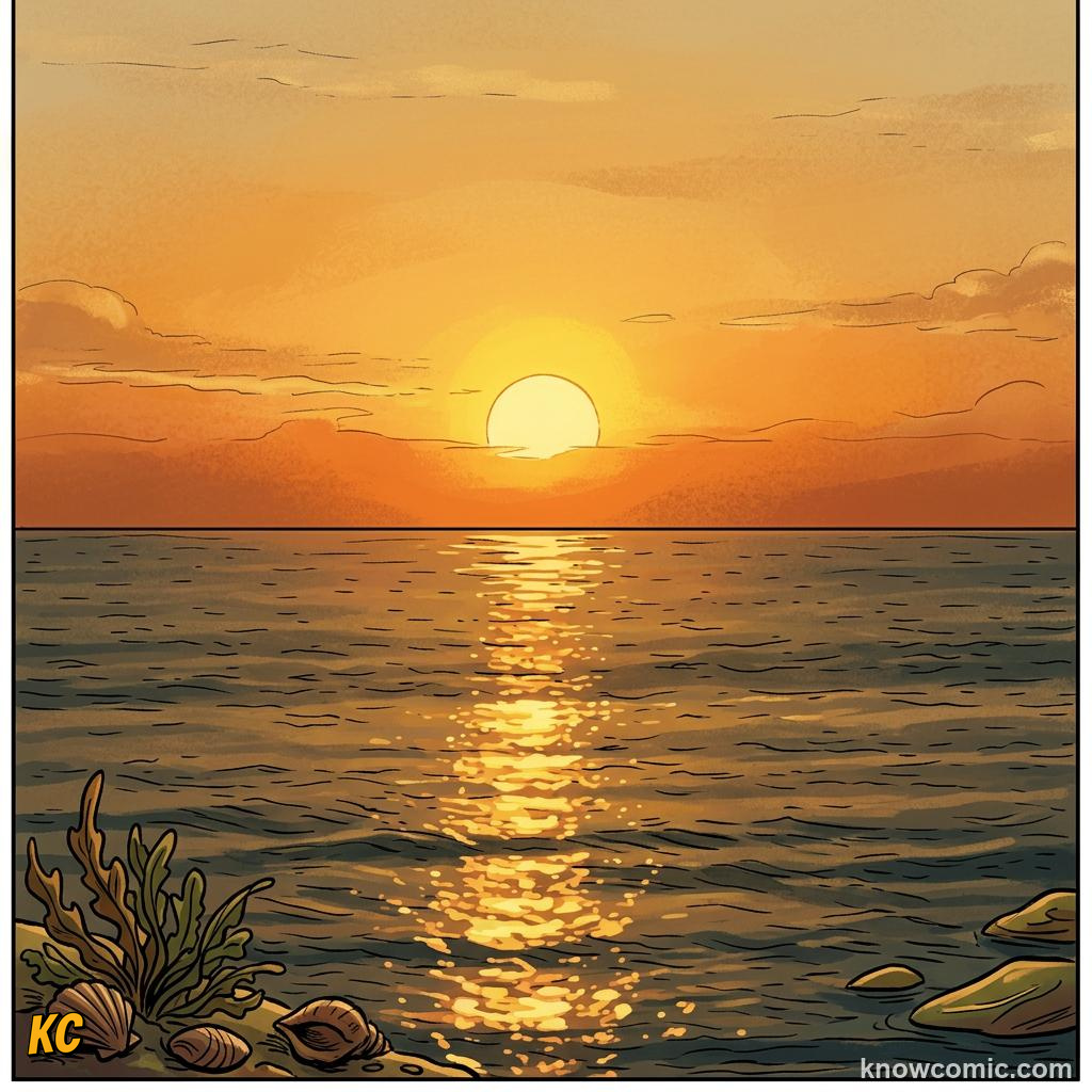 Comic illustration of sunrise over a calm sea