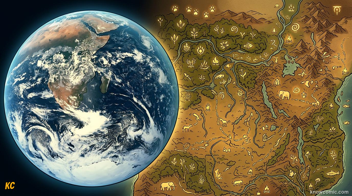 Comic illustration of Earth from space glowing with life