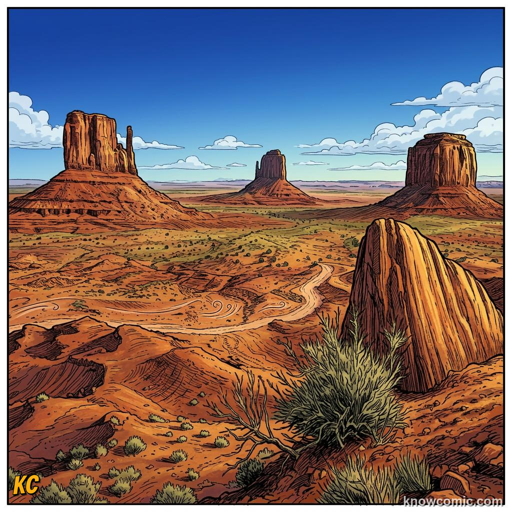 Comic illustration of desert monument valley landscape