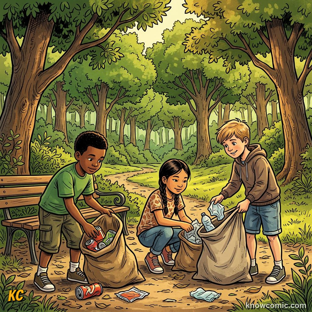 Comic illustration of children picking up litter in a park