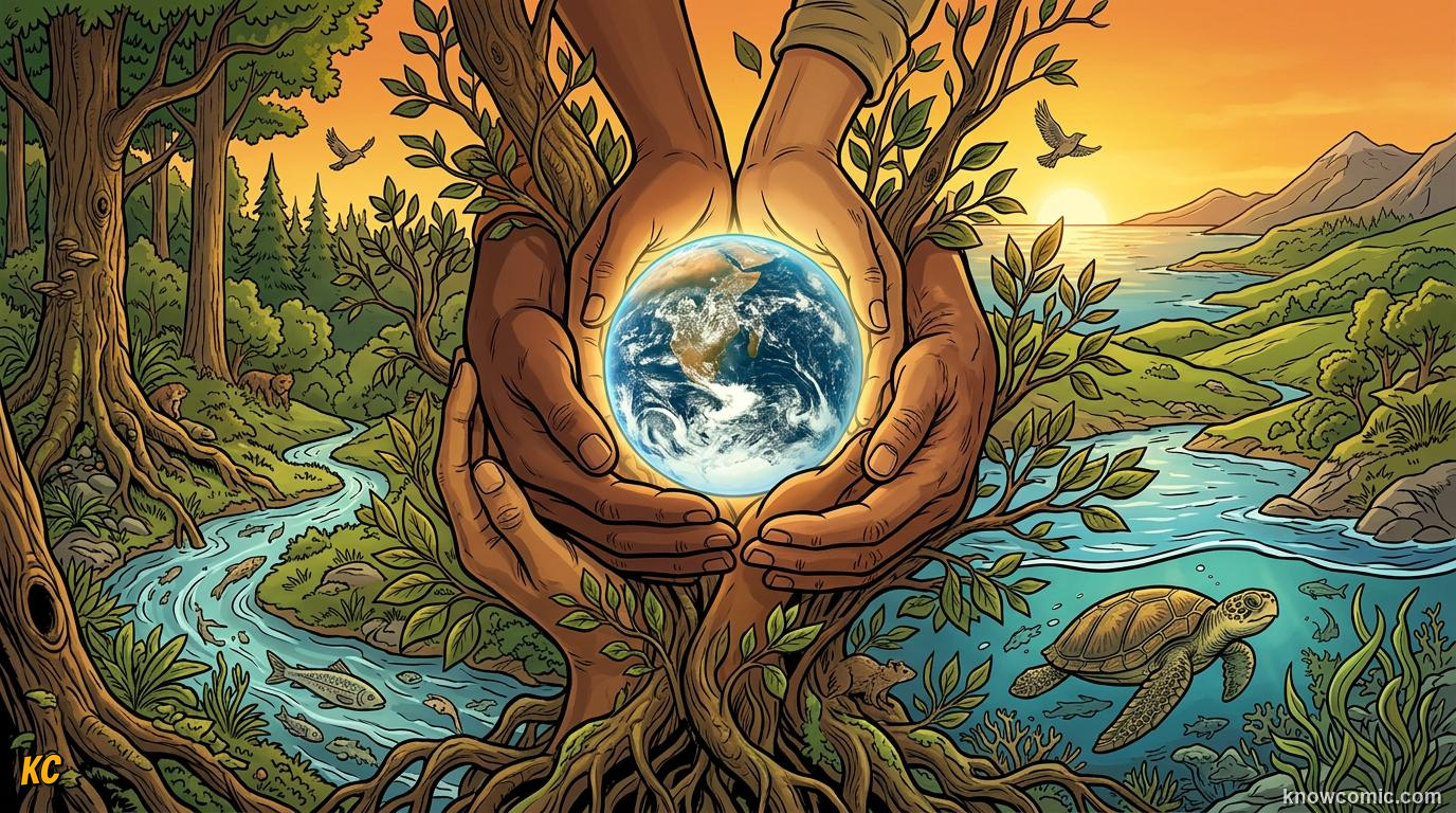 Comic illustration of Earth cradled gently by diverse hands and living plants