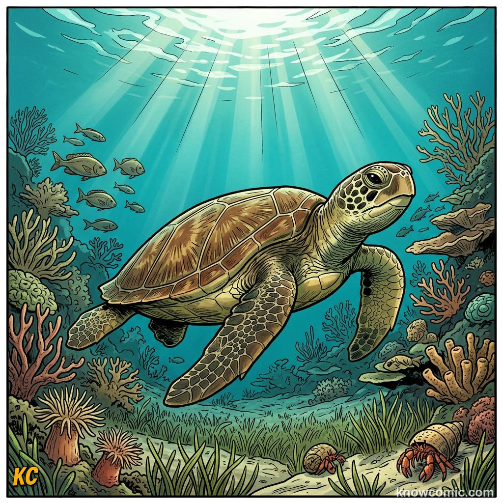 Comic illustration of a turtle swimming in clear water