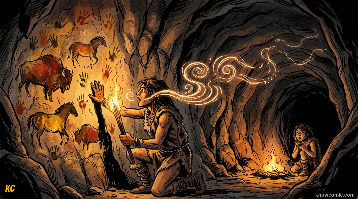 Origin of Writing comic panel: before writing, spoken words float away