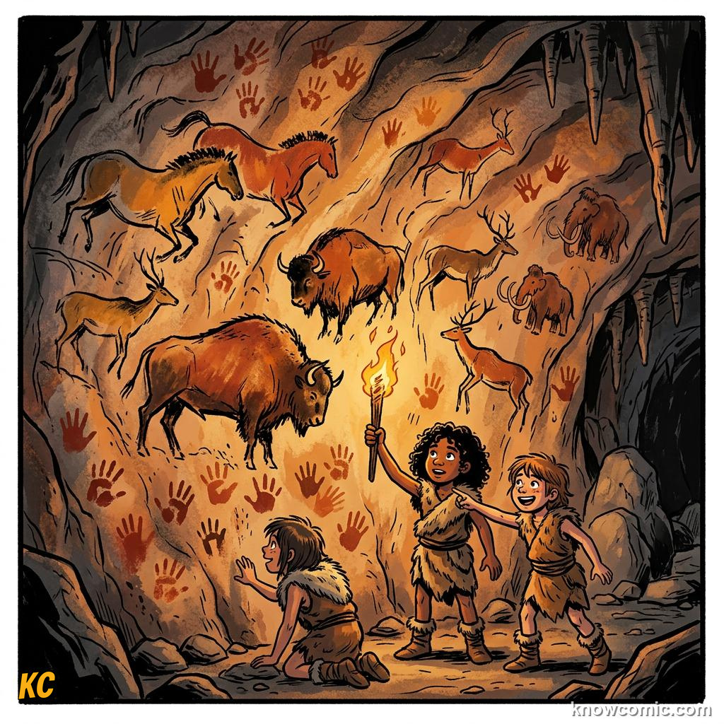 Origin of Writing comic panel showing cave pictures