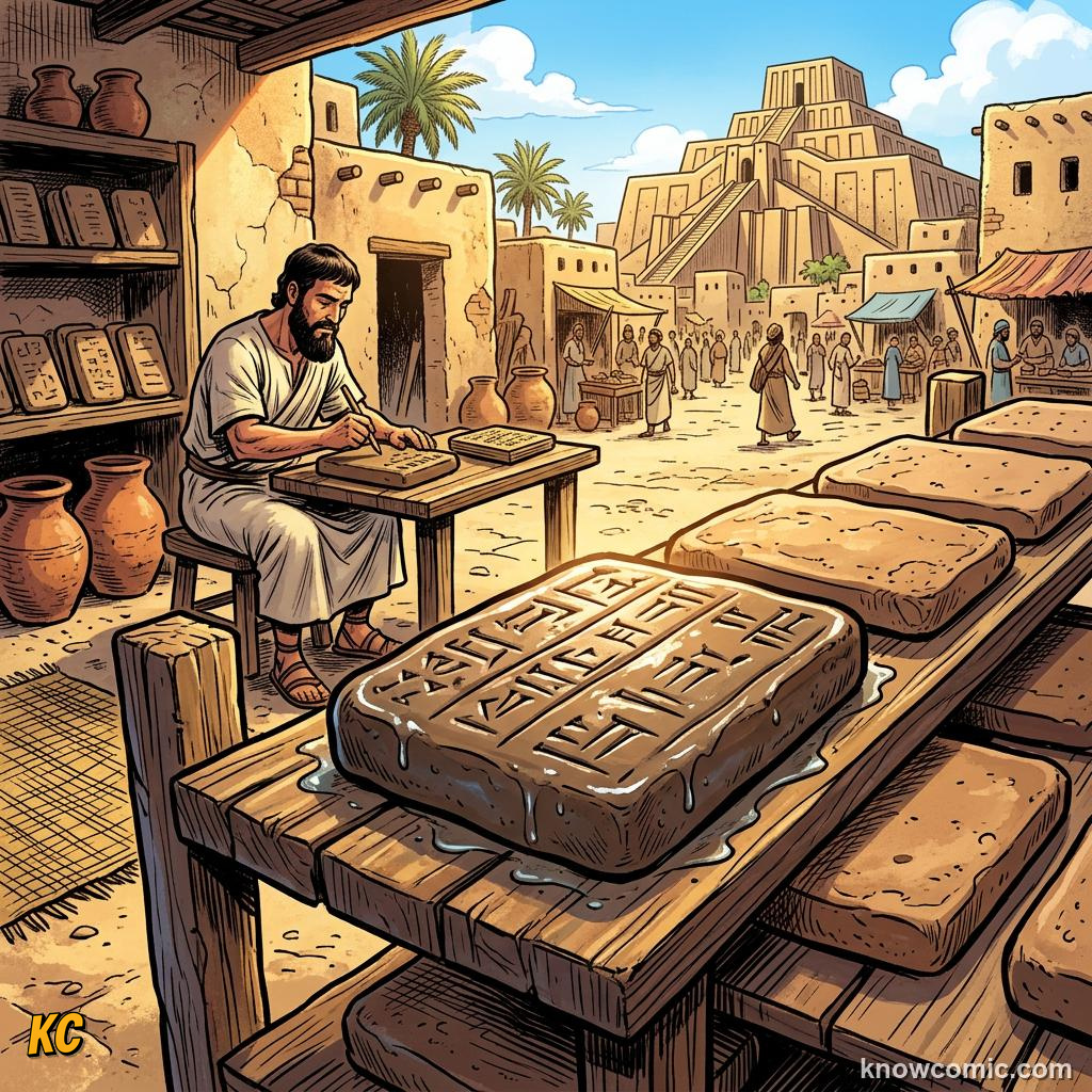 Origin of Writing comic panel showing soft clay