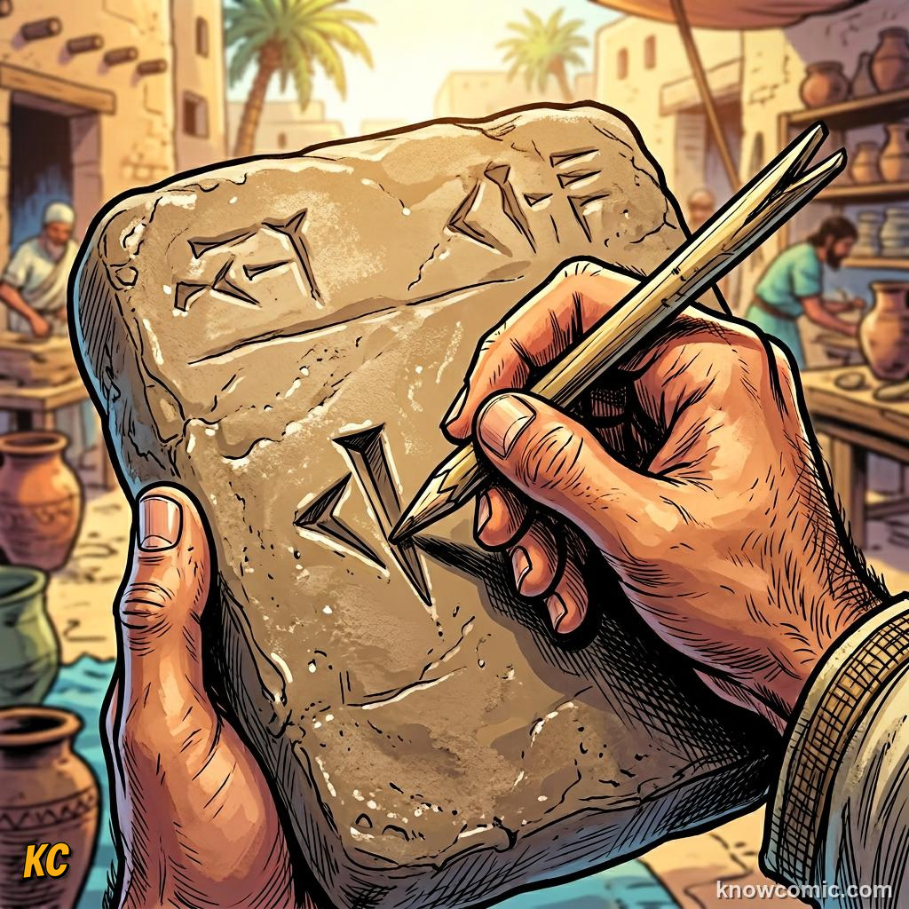 Origin of Writing comic panel showing reed pen