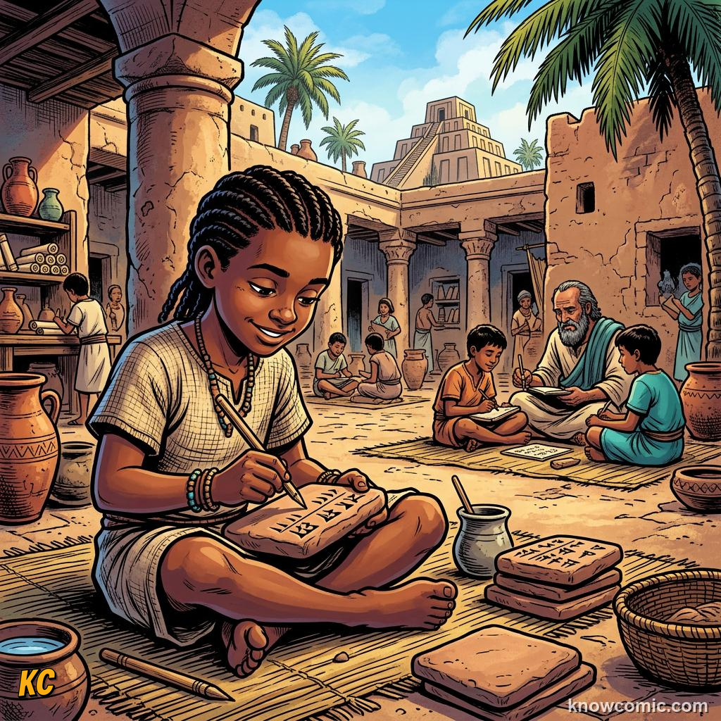 Origin of Writing comic panel showing scribes
