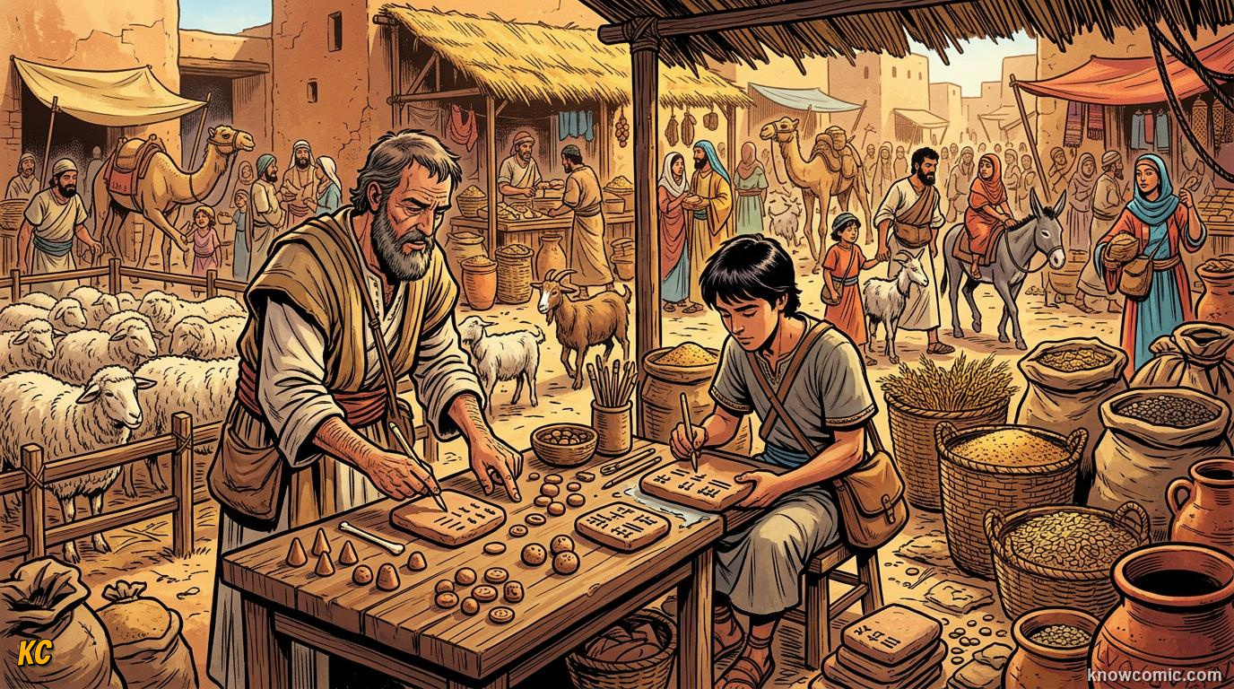 Origin of Writing comic panel: surprising start, writing started as maths