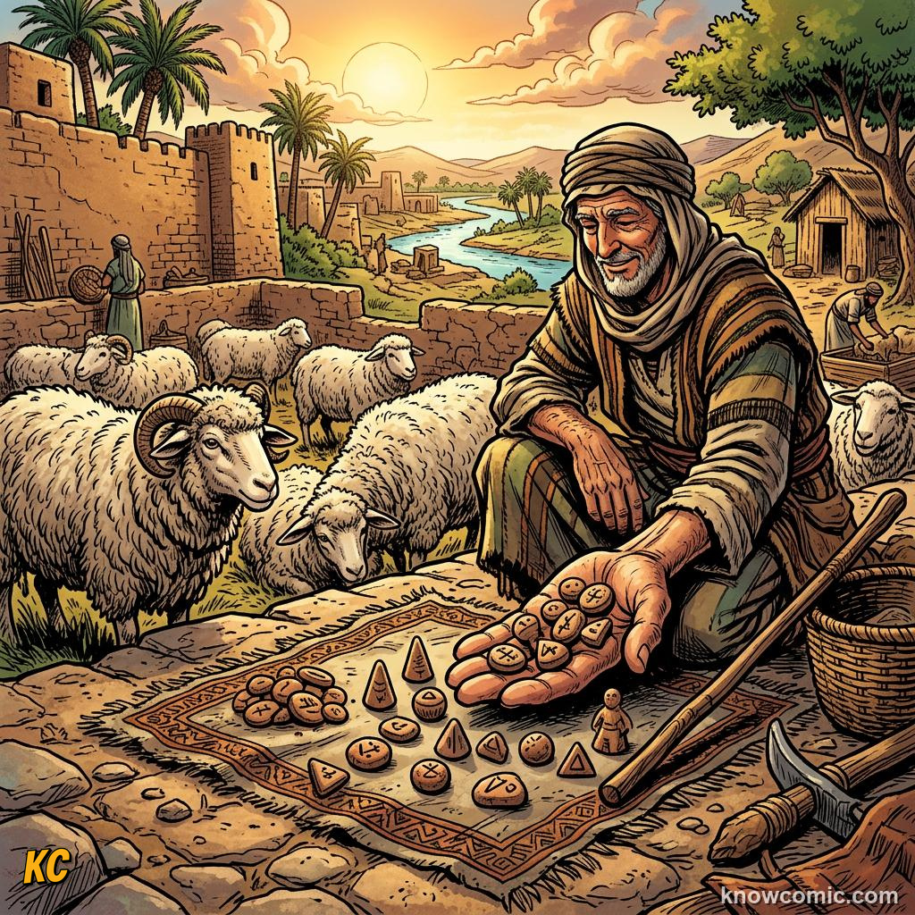 Origin of Writing comic panel showing clay tokens