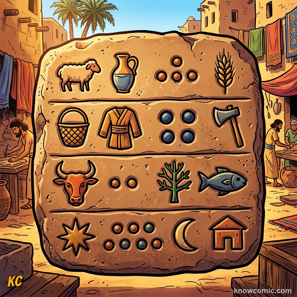 Origin of Writing comic panel showing marks on clay