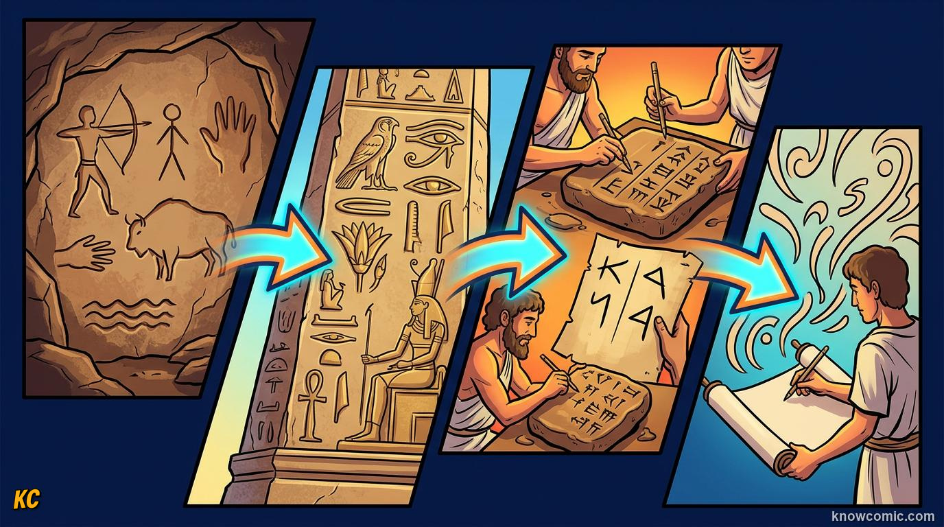 Origin of Writing comic panel: the alphabet, from pictures to an alphabet