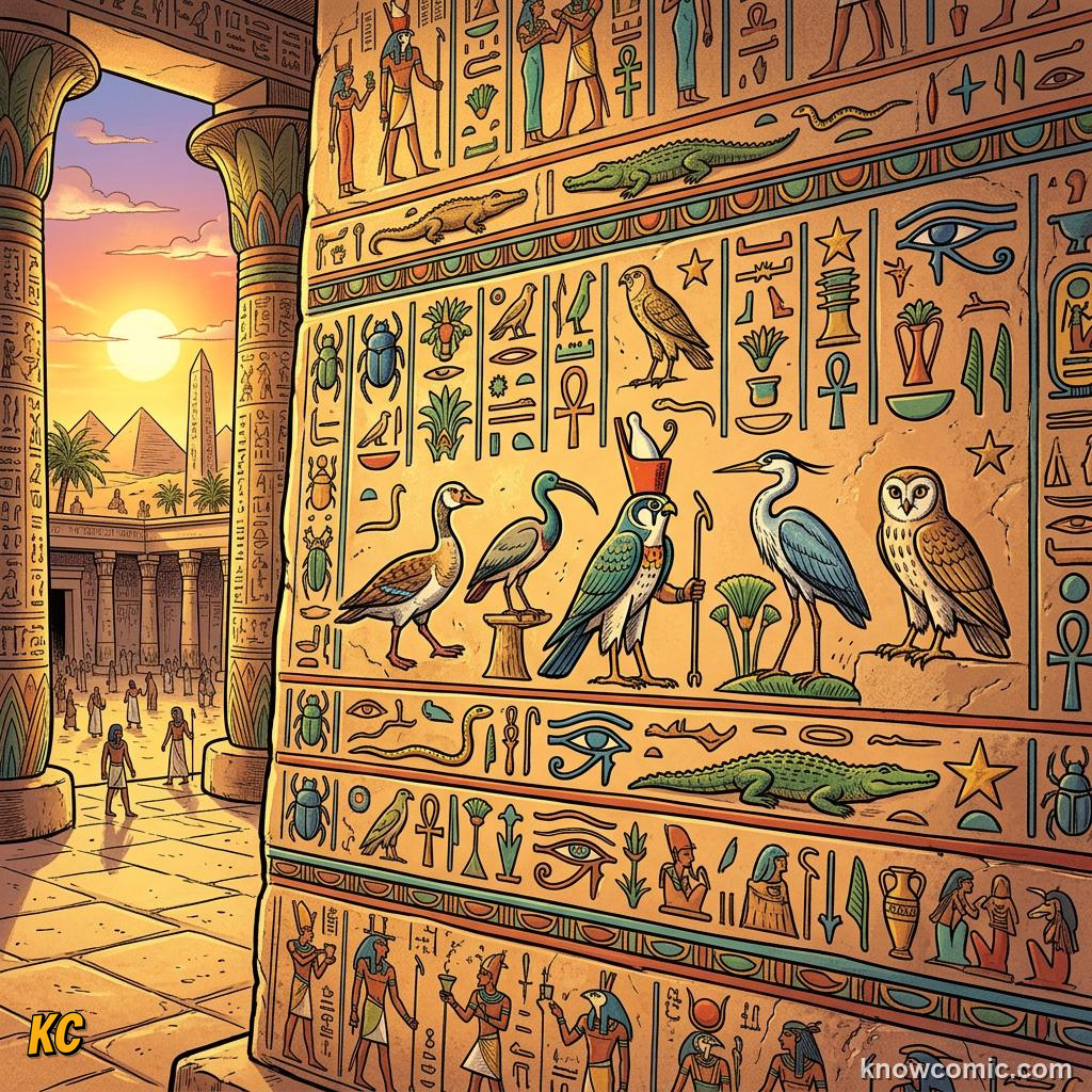 Origin of Writing comic panel showing hieroglyphs