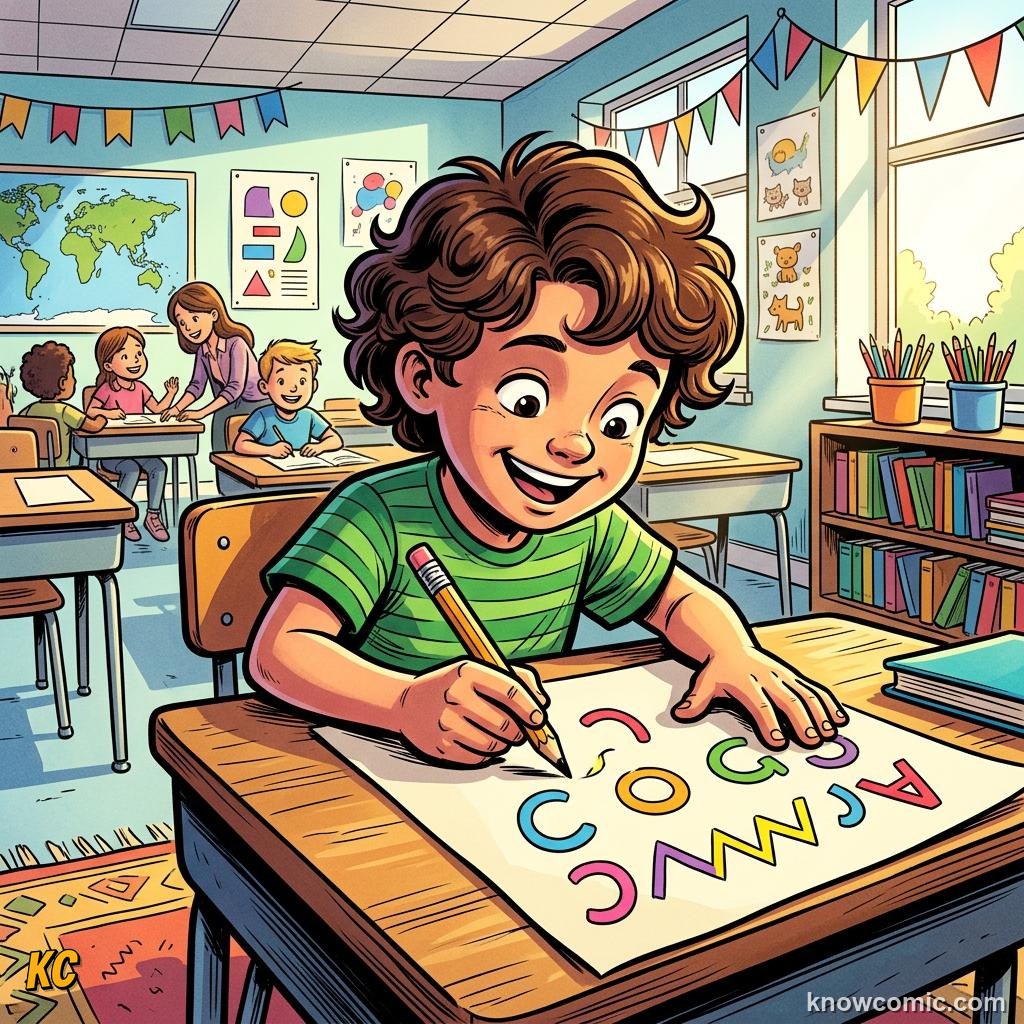 Origin of Writing comic panel showing our abc