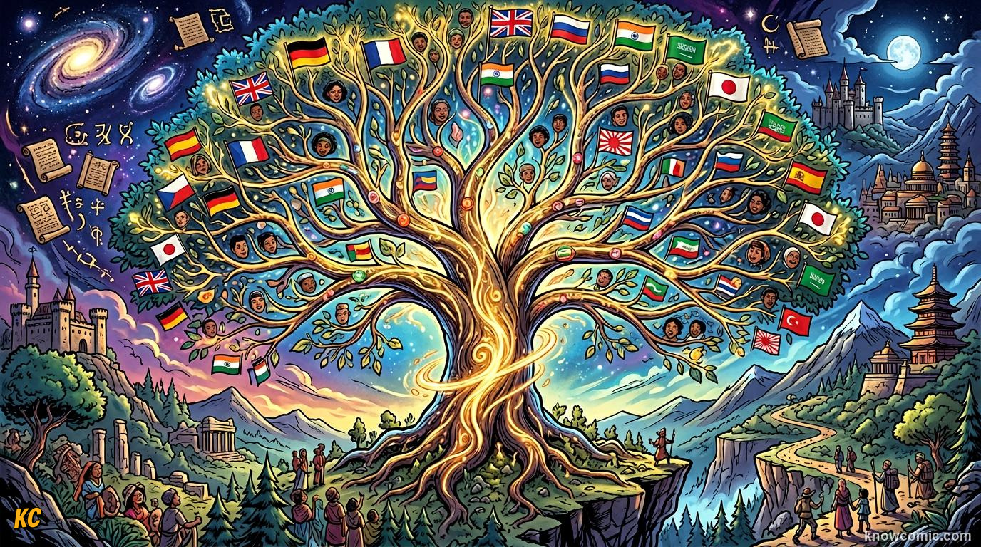 Sanskrit and Language Families comic panel: 400+ languages, one huge family tree