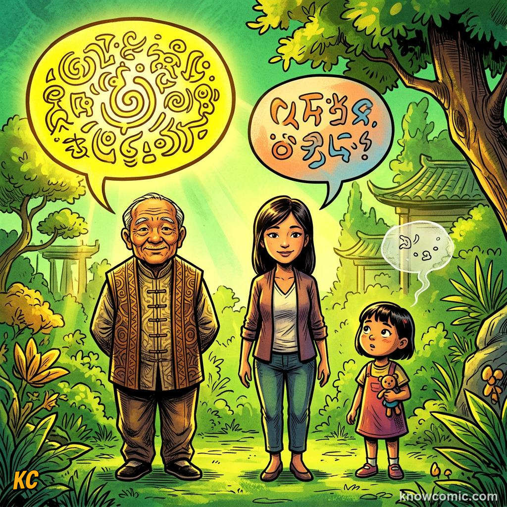 Dying Languages comic panel showing generations
