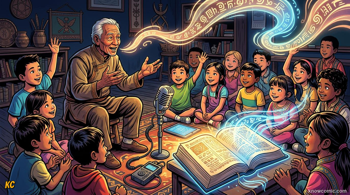Dying Languages comic panel: the rescuers, people are saving languages