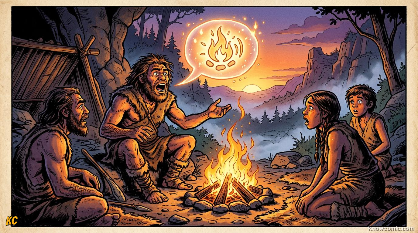 How Language Evolved comic panel: the first word, who said the first word?