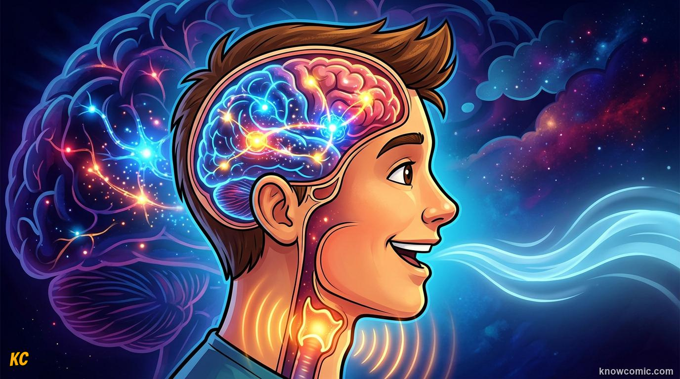 How Language Evolved comic panel: throat and brain, our throat and brain changed