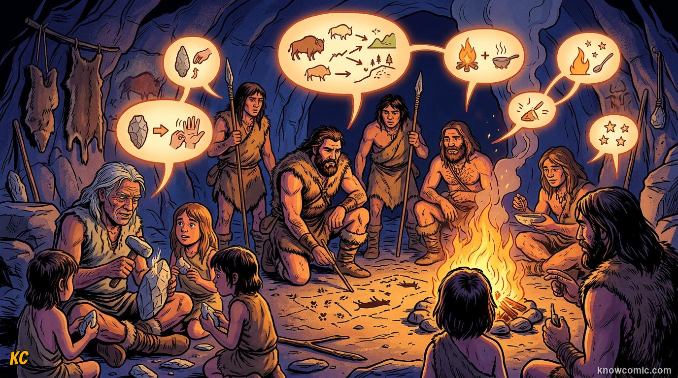 How Language Evolved comic panel: a superpower, language was a superpower