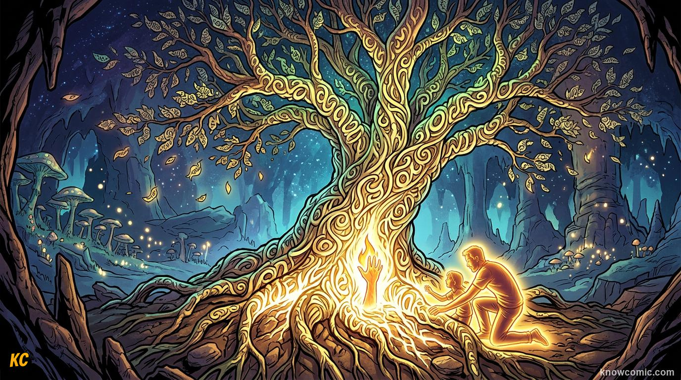 The World's First Words comic panel: ancient roots, a few words last and last