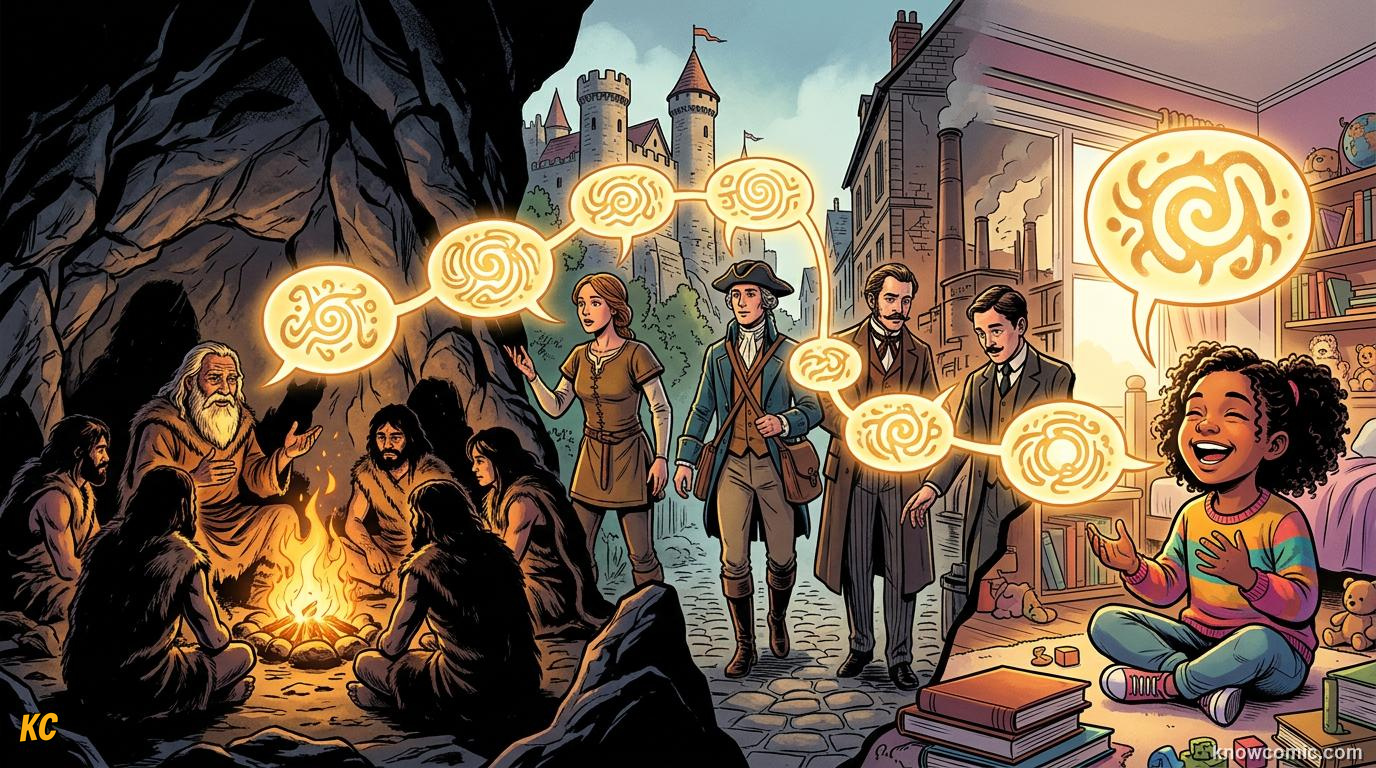 The World's First Words comic panel: the big idea, every word is a time traveller
