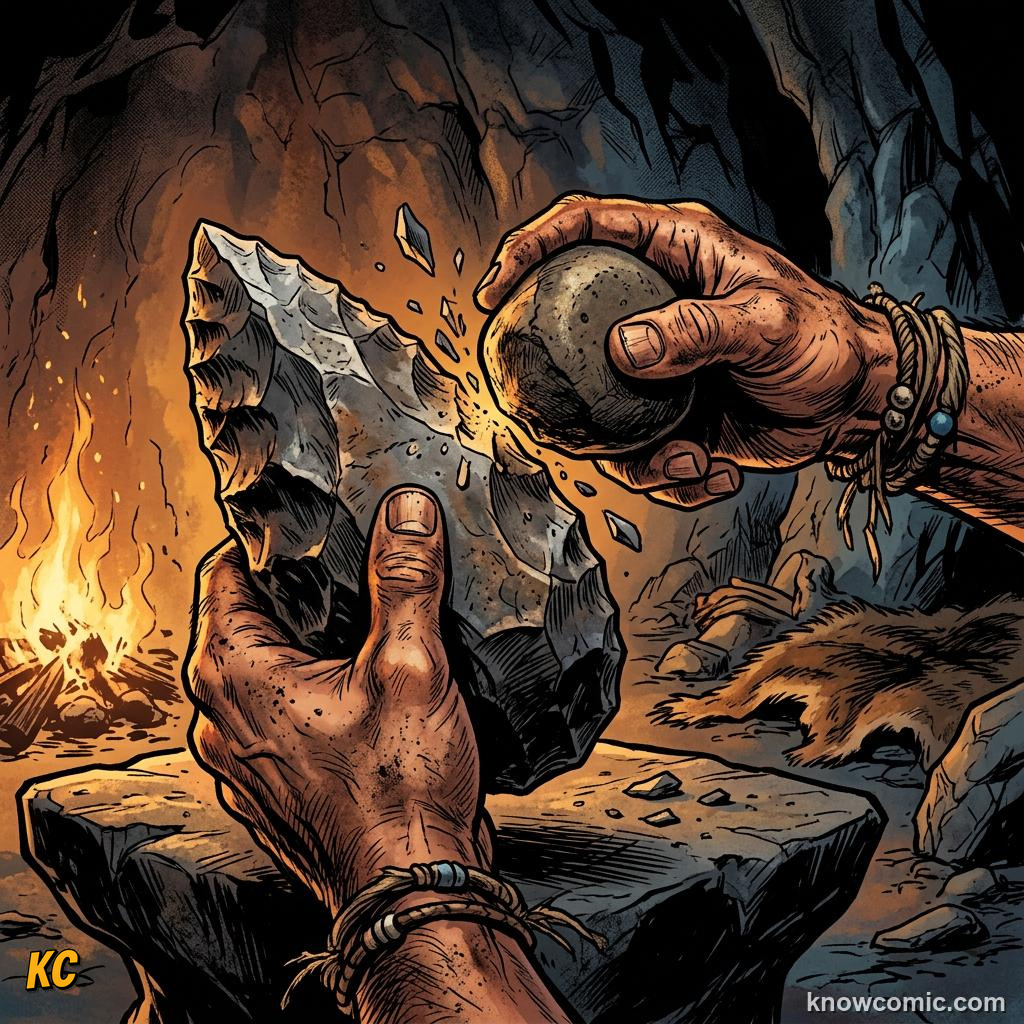 Homo Erectus Speech comic panel showing toolmakers