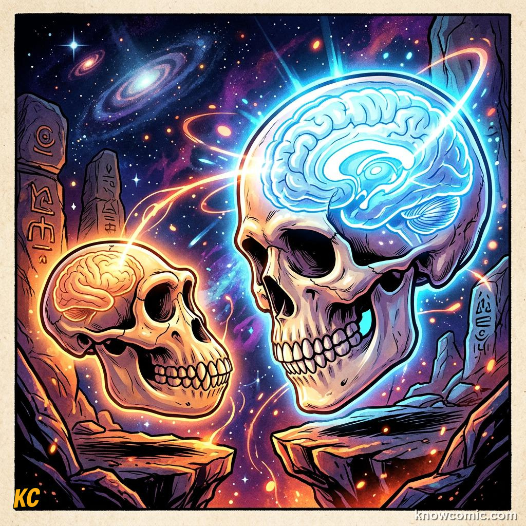 Homo Erectus Speech comic panel showing bigger brain