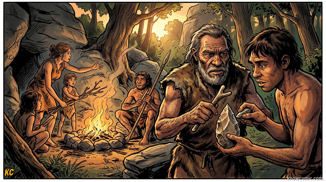 Homo Erectus Speech comic panel: smart behaviour, what they did gives hints