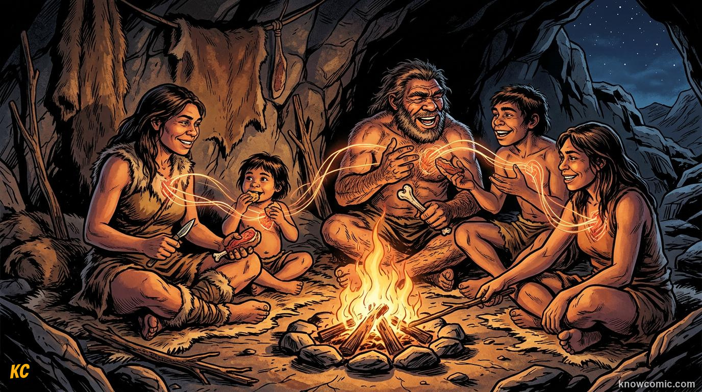 Homo Erectus Speech comic panel: the big idea, talking brought us together