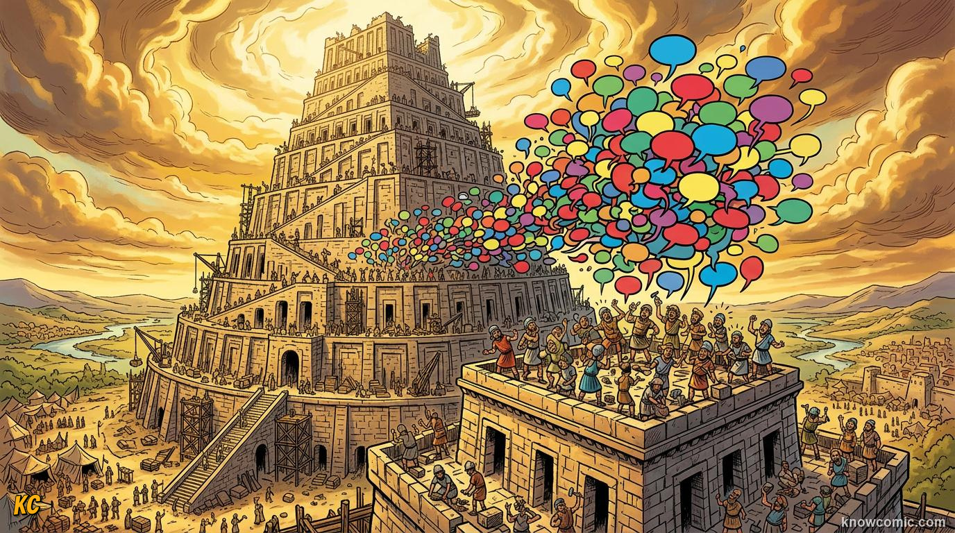 The Tower of Babel Myth comic panel: the tale, the story of the tower of babel