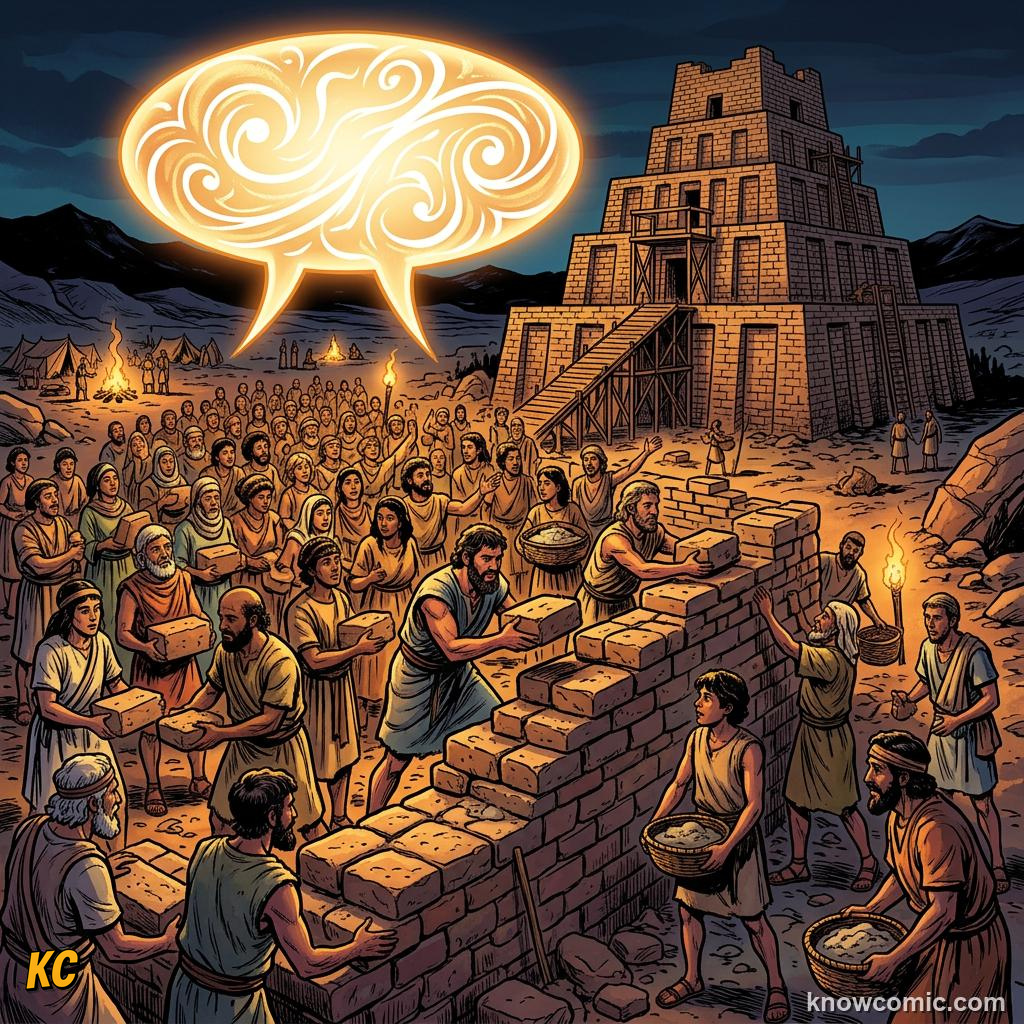 The Tower of Babel Myth comic panel showing one language