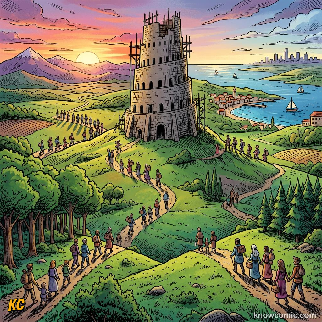 The Tower of Babel Myth comic panel showing scattered
