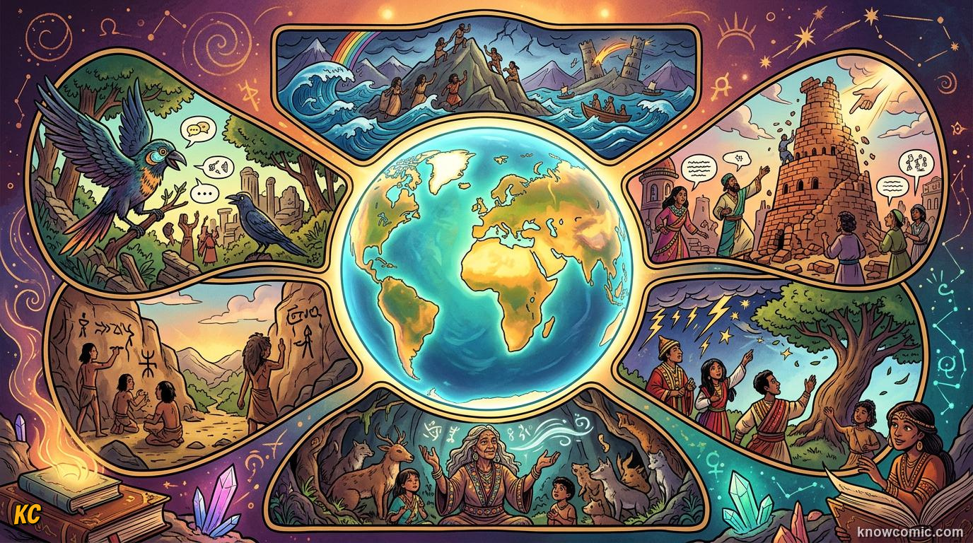 The Tower of Babel Myth comic panel: a world of myths, every culture has a story