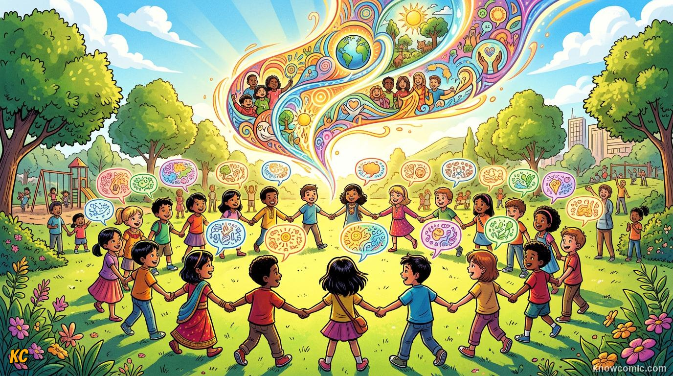 The Tower of Babel Myth comic panel: the big idea, many tongues, one world